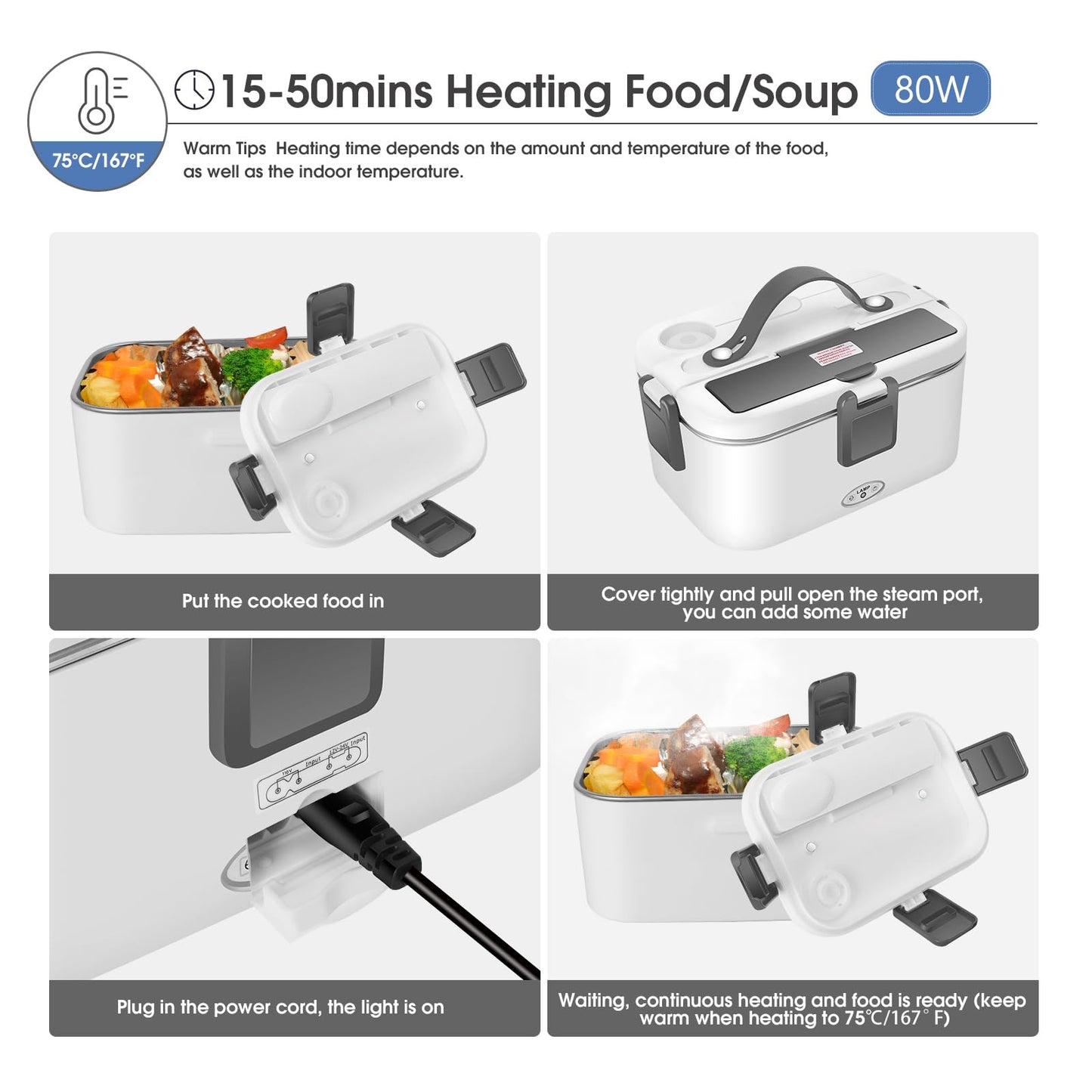 Electric Lunch Box 80W Food Heater 110V/12V~24V Gray