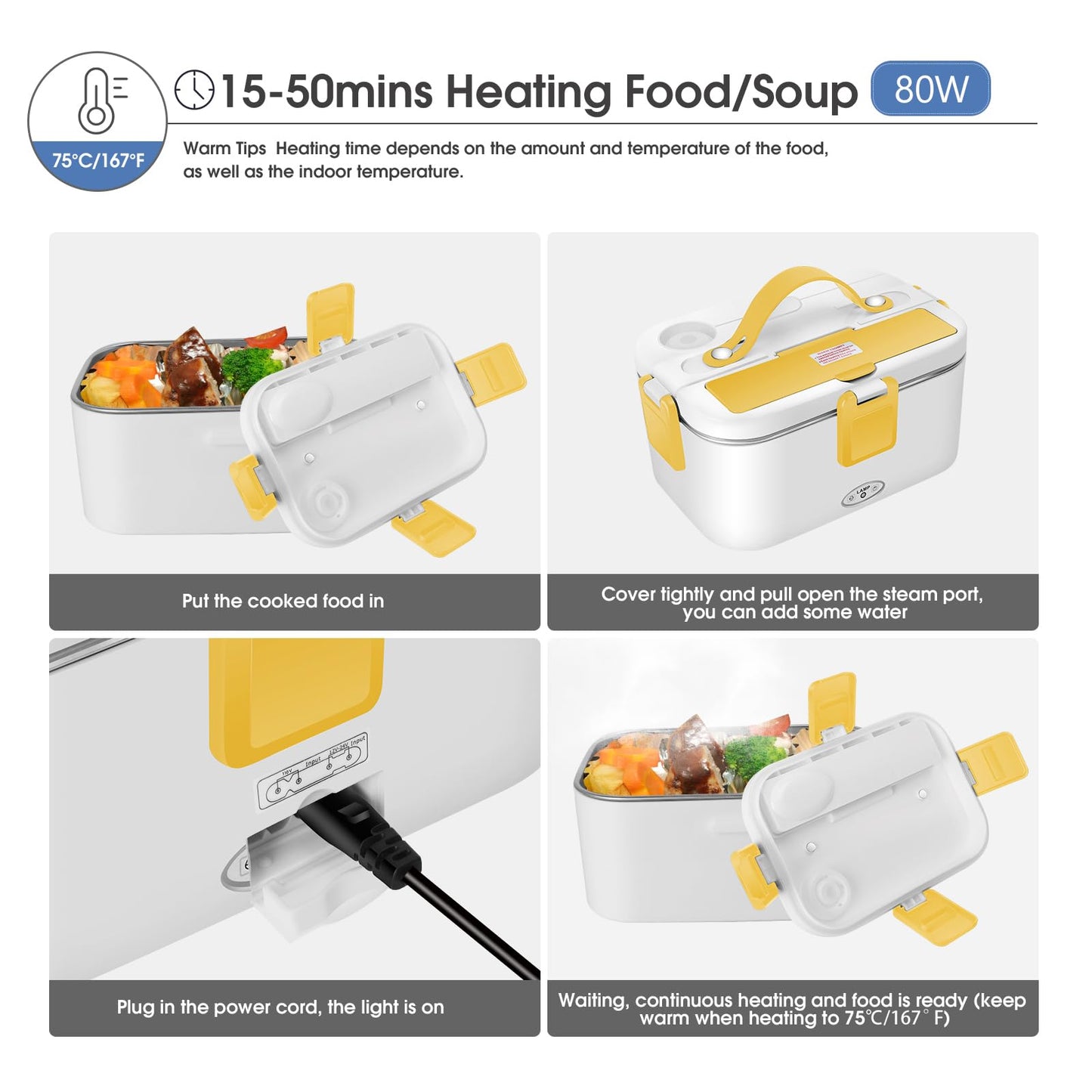 FCCABIN Electric Lunch Box 80W Food Heater 110V/12V~24V Yellow