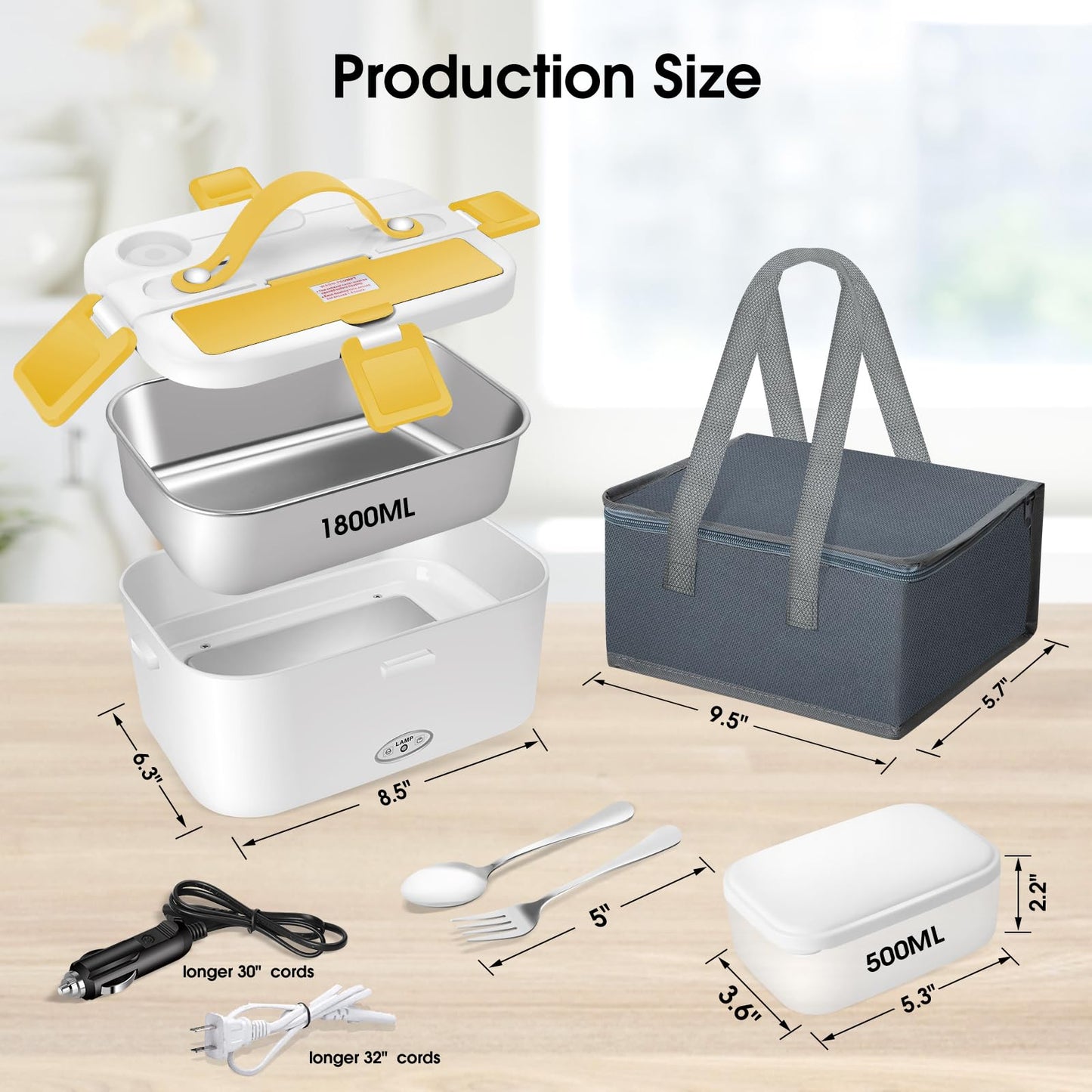 FCCABIN Electric Lunch Box 80W Food Heater 110V/12V~24V Yellow