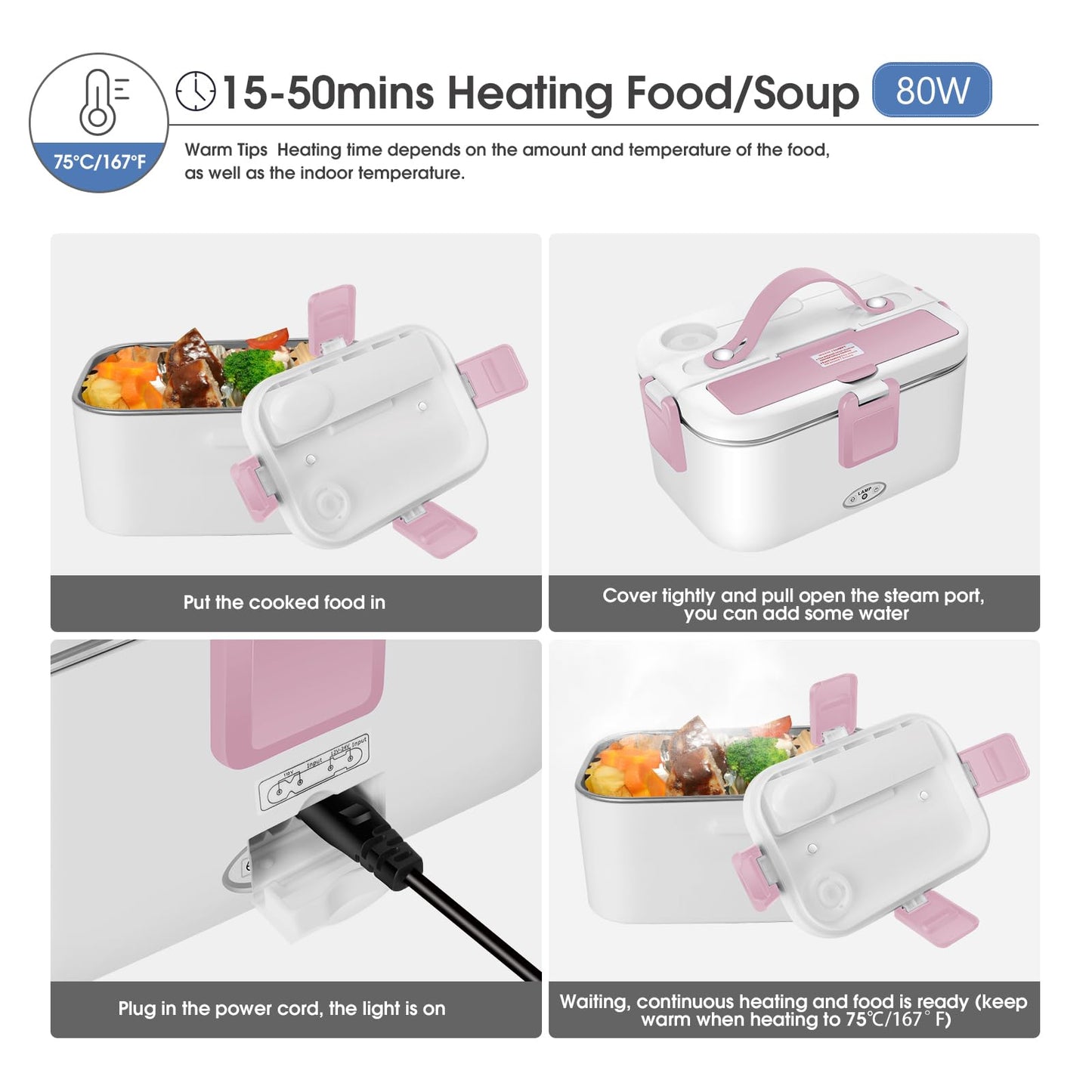 Electric Lunch Box 80W Food Heater 110V/12V~24V Pink