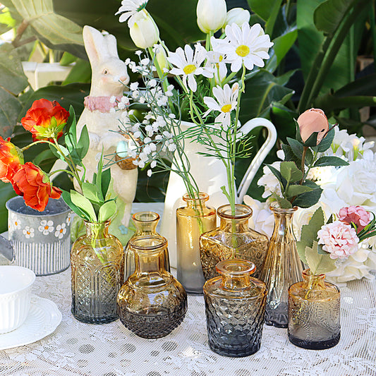 Fccabin Knospenvasen-Set mit 30 kleinen Vasen für Tafelaufsätze, Glasknospenvasen in großen Mengen, Mini-Vintage-Vase für rustikale Hochzeitsdekorationen (Bernsteinblau)